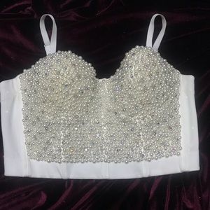 White Crystal & Pearl Hand Beaded Bustier